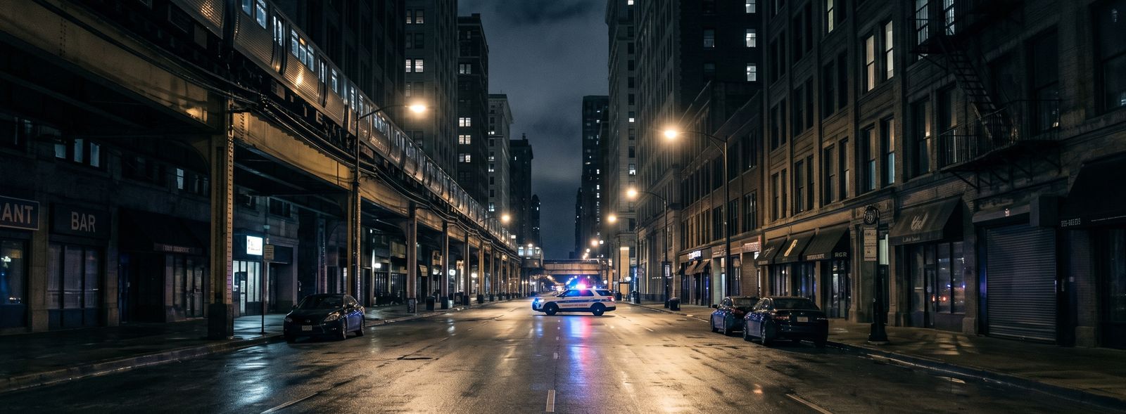 A Chicago street at night with distant police lights